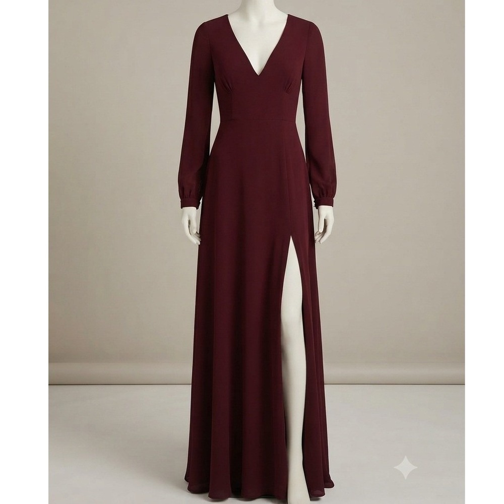 Lulus Burgundy Long Sleeve Maxi Dress V-Neck Open Back Slit Gown Formal XL NWOT
